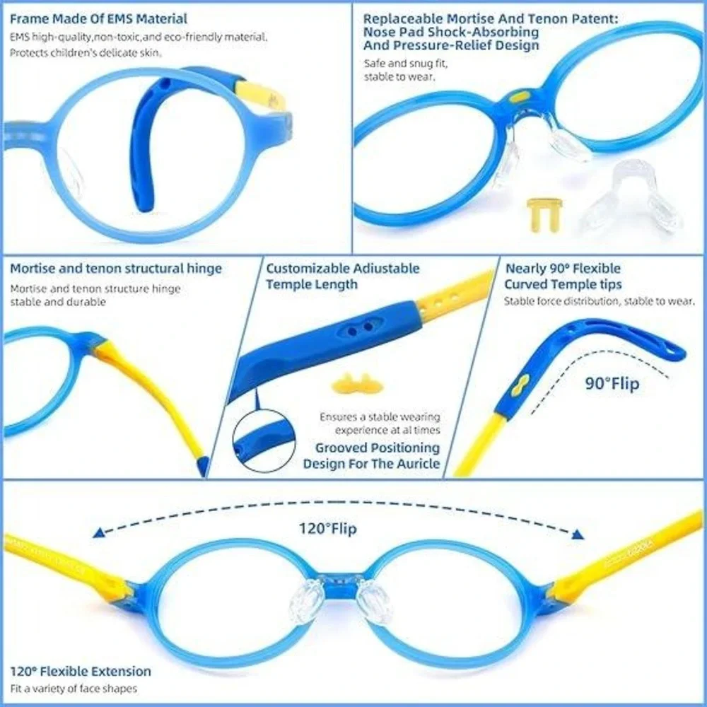 EyeBuddy Kids Blue Light Blocking Glasses Round TR90 Gel Frame Blue 3-13‎
